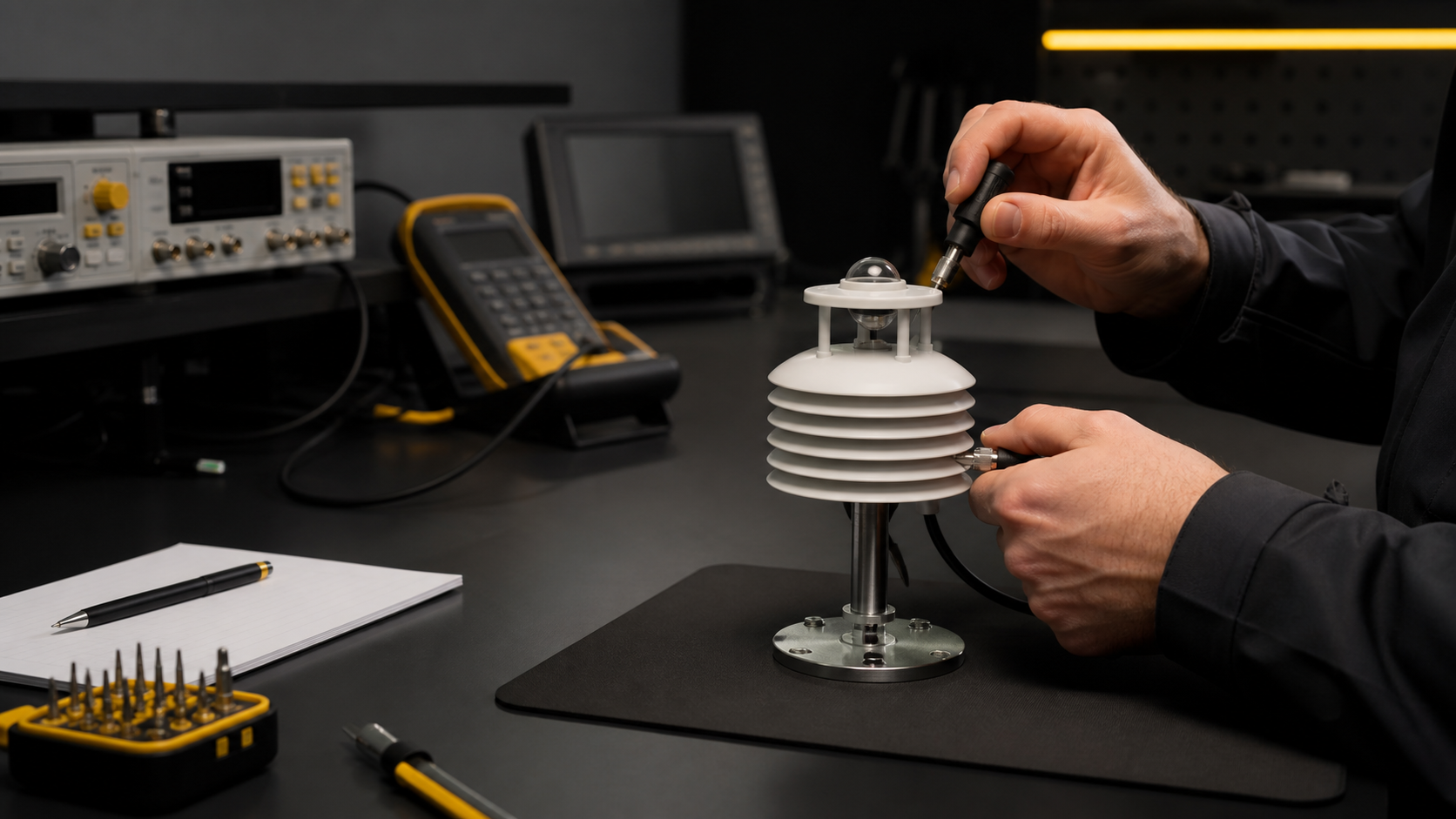 Technician calibrating an environmental sensor in a controlled workshop