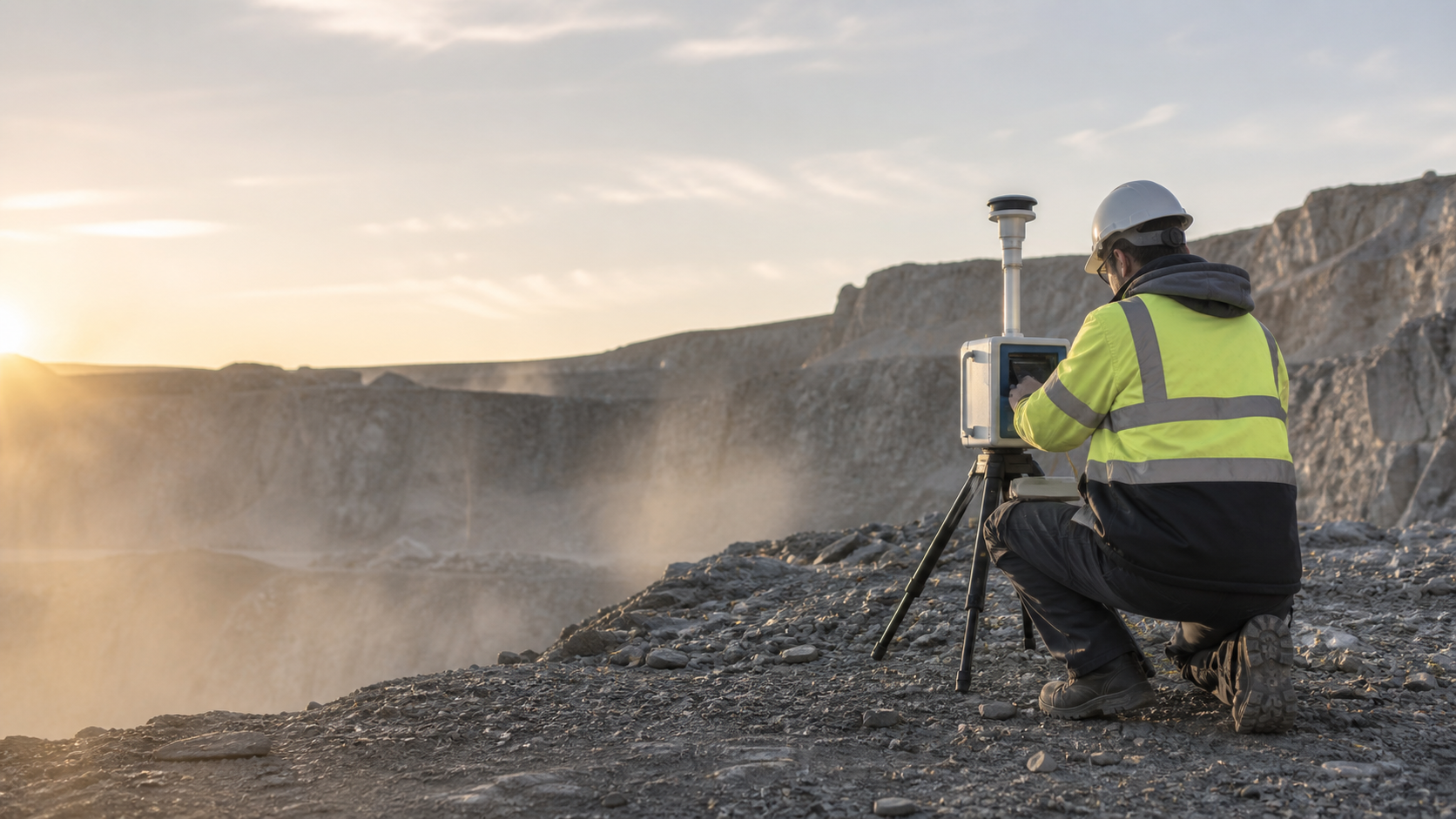 Field technician operating a monitoring instrument at a quarry